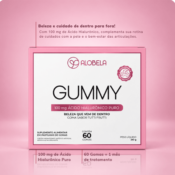 Goma de Ácido Hialurônico Alobela com 100 mg por porção, embalagem rosa