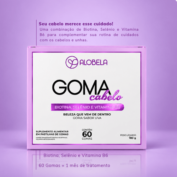 Goma de Vitaminas para Cabelo Alobela em embalagem lilás, suplemento para cabelos e unhas