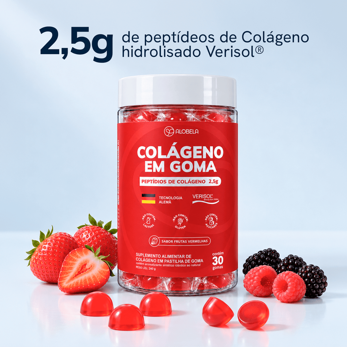 Colágeno em Goma Alobela com Verisol® ao lado de frutas vermelhas